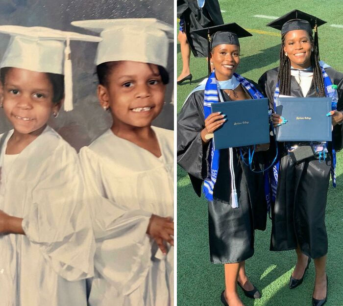 Mi hermana y yo nos graduándonos en preescolar y graduándonos en la universidad