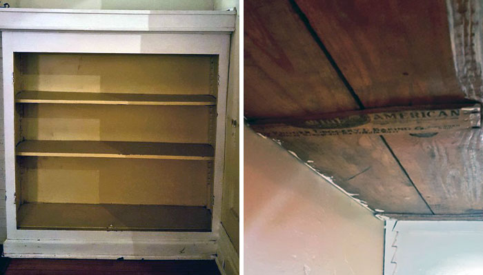 I'm Restoring My Century-Old House, And Today I Discovered A Built-In Bookshelf Is Being Held Up By A Strip Of Wood From A Kroger Grocery Box From 1921