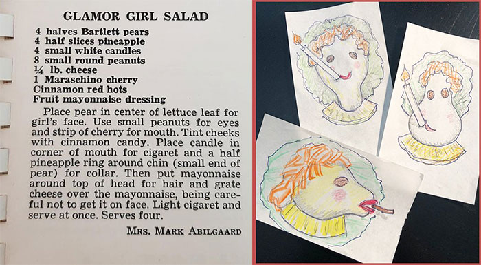 Vintage recipe for "Glamor Girl Salad" featuring pears, pineapple, and fruit mayonnaise dressing in a bizarre presentation.