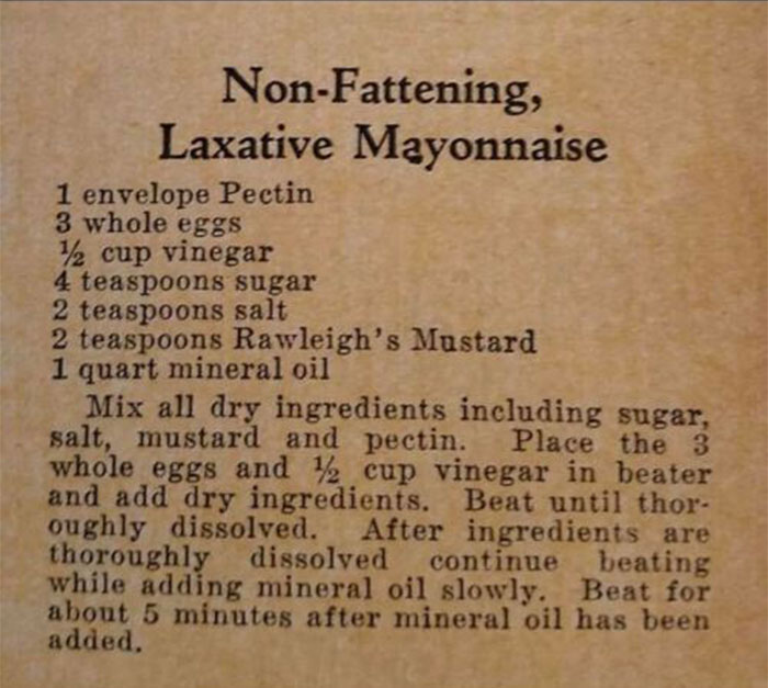 Vintage recipe for non-fattening laxative mayonnaise, highlighting bizarre dishes from the past with unusual ingredients.