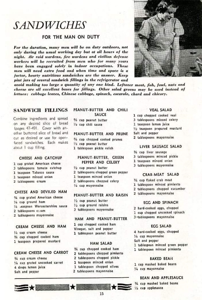 Vintage recipe page featuring bizarre sandwich fillings like liver sausage salad and peanut-butter with chili sauce.