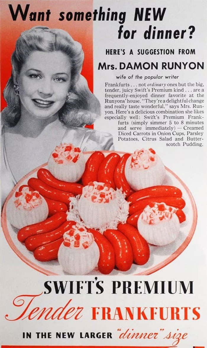 Vintage advertisement featuring Swift's Premium Tender Frankfurts with a tray of sausages and decorative food presentation.
