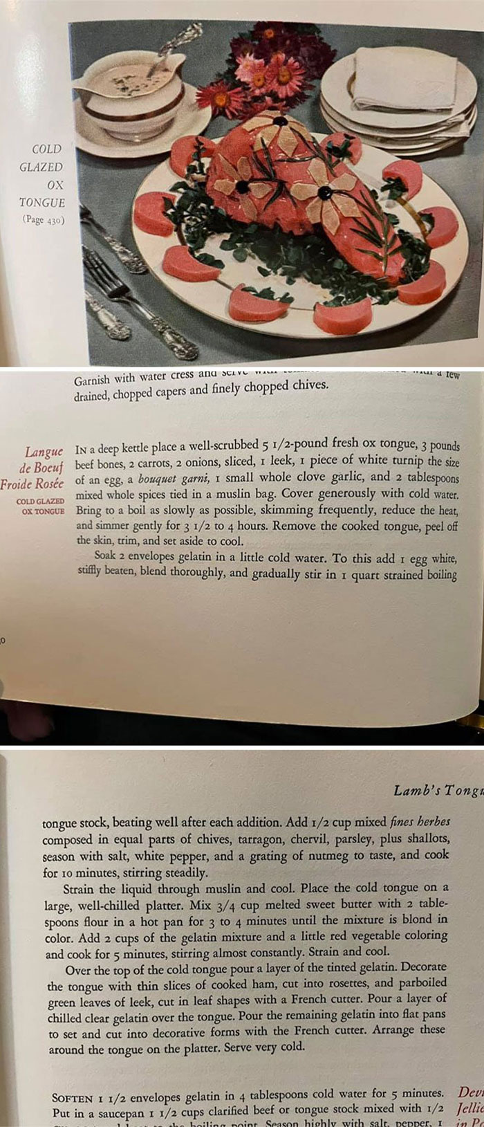 Cold glazed ox tongue, a bizarre vintage recipe, displayed on a platter with garnish and decorative slices.