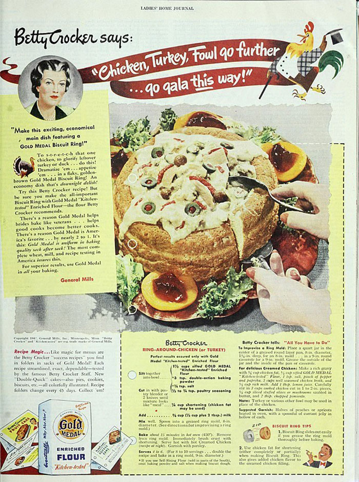 Vintage Betty Crocker ad featuring an unusual chicken recipe in a bread ring, showcasing bizarre cuisine of the past.