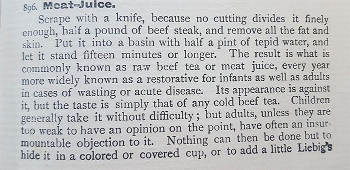 Vintage recipe for meat juice, featuring raw beef tea as a bizarre dish from the past.