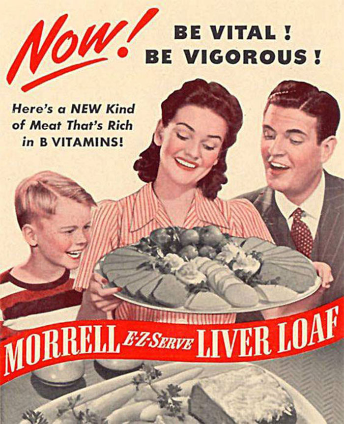 Family in a vintage ad smiling at a platter of liver loaf, promoting bizarre recipes from the past.