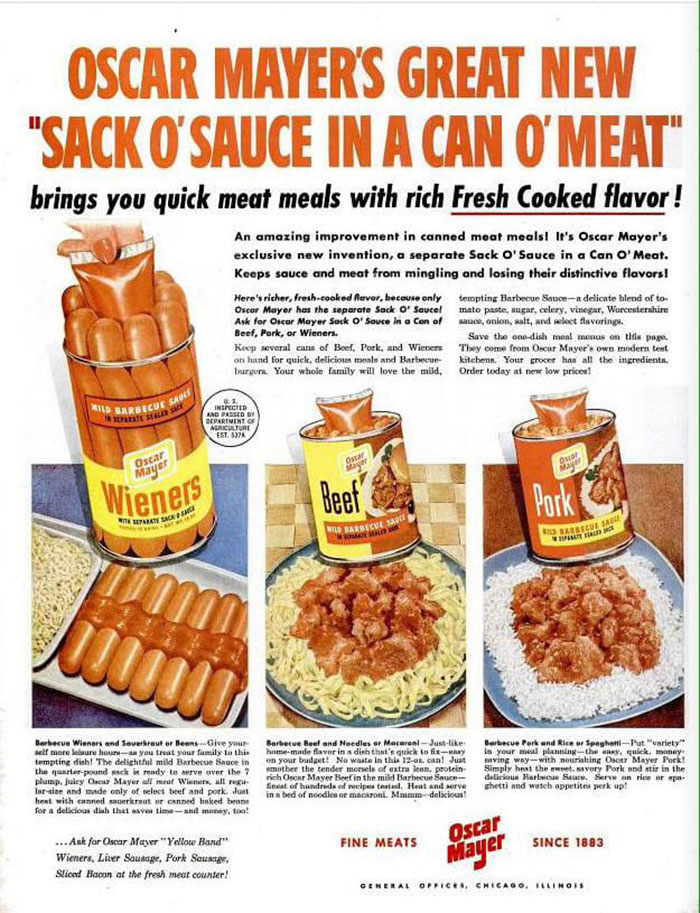 Vintage Oscar Mayer ad for canned meat and sauce combos, featuring Wieners, Beef, and Pork varieties with pasta dishes.