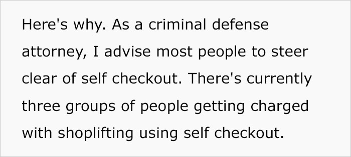 Text image of a criminal defense lawyer advising against using supermarket self-checkouts due to shoplifting charges. - 3