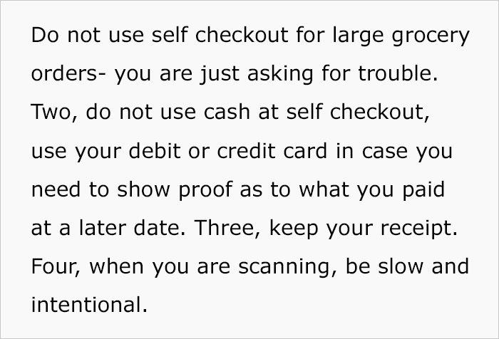 Advice from a criminal defense lawyer on avoiding self-checkouts, including using cards instead of cash, is shown.