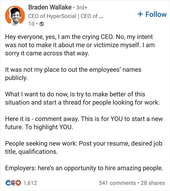 CEO Posts A Crying Selfie After Laying Off Employees, Receives A Major Backlash - 28