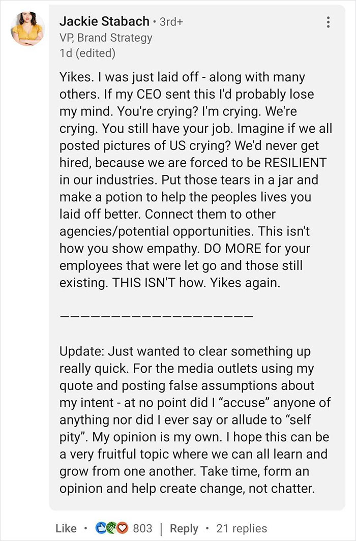 CEO Posts A Crying Selfie After Laying Off Employees, Receives A Major Backlash - 11