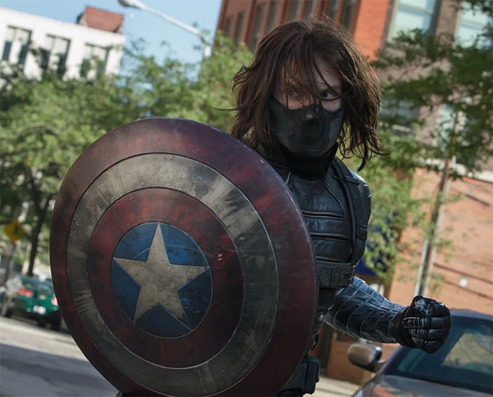 Winter Soldier holding Captain shield from Captain America: the Winter Soldier