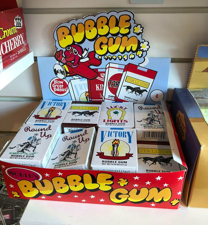 90s nostalgic bubble gum packaging in a colorful vintage display.