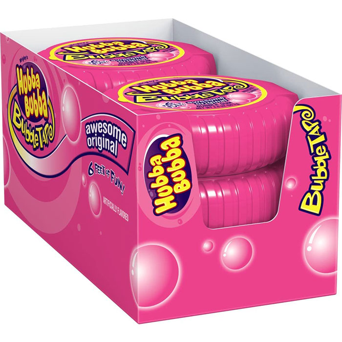 Hubba Bubba Bubble Tape, a classic nostalgic 90s food, in a pink packaging box with "6 Feet of Fun!" label.