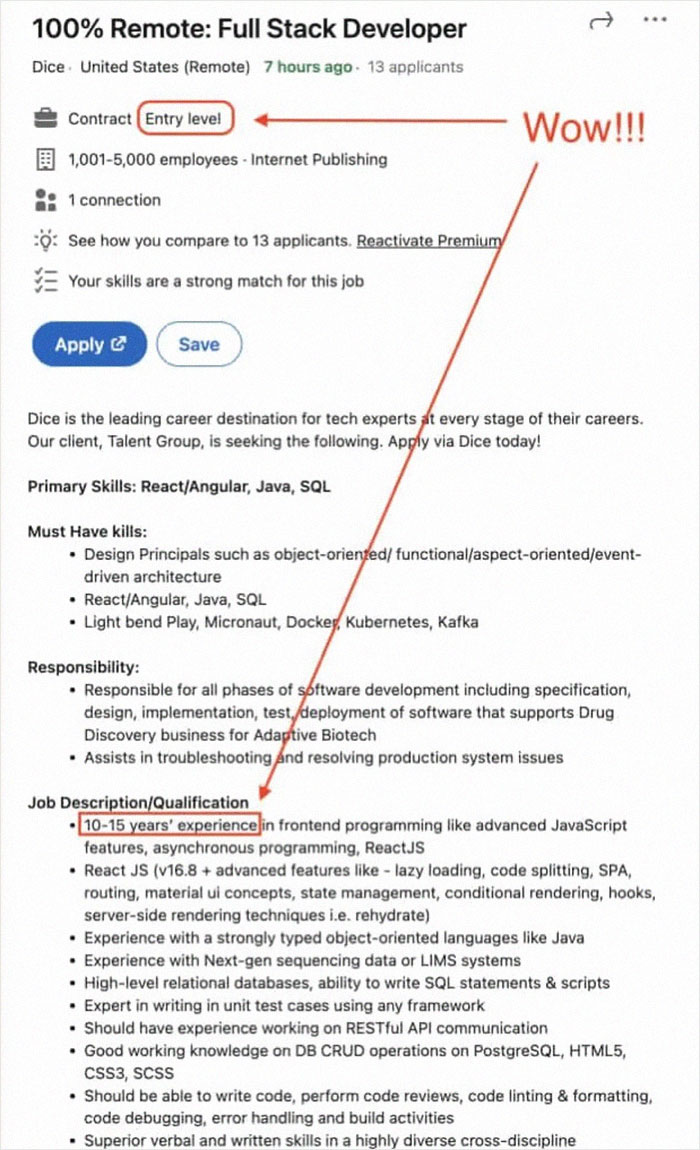 Entry Level Job. You Only Need To Have 10-15 Years Of Experience!