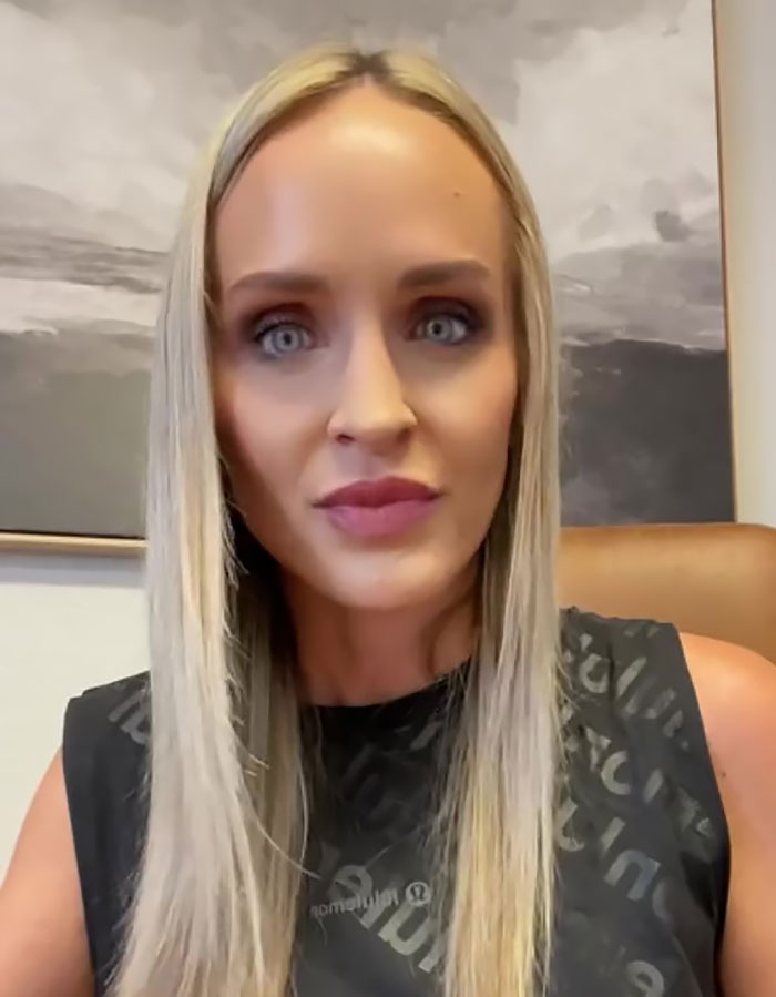 A woman in an office setting discusses self-checkouts and legal advice from a criminal defense perspective. - 1