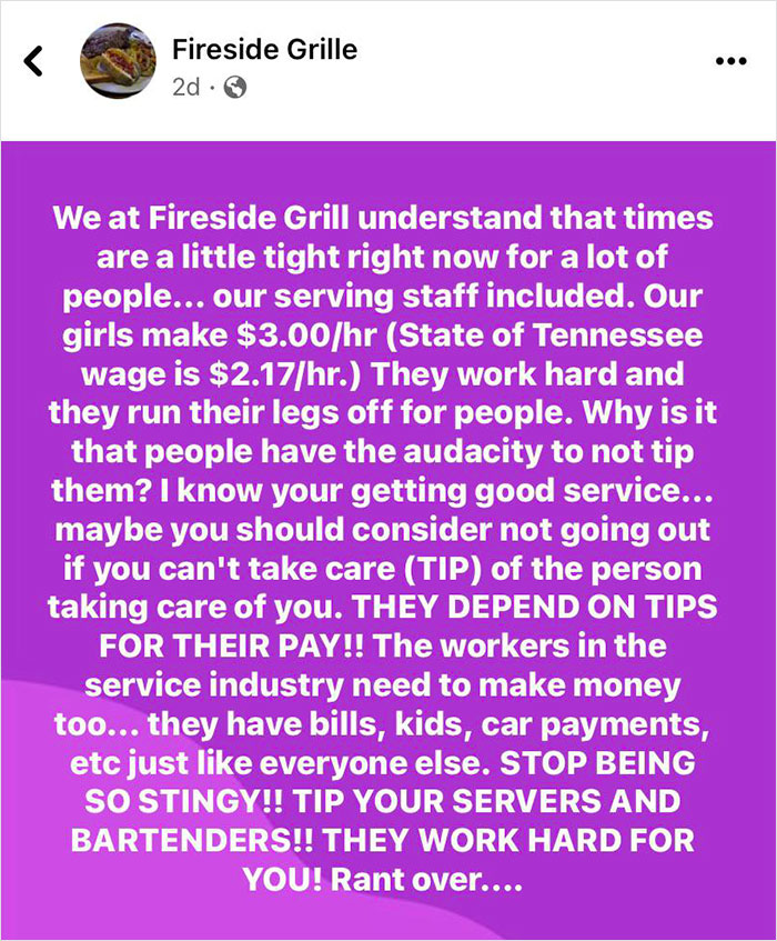 Restaurant Owner Berates Customers For Not Tipping Their Servers Who Work For $3 An Hour, Faces Major Backlash Online - 2
