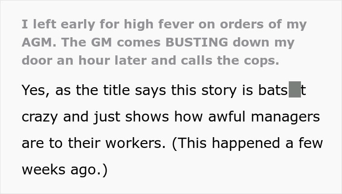 Woman Leaves Work Early Because Of 102°F Fever, Manager Comes Busting At Her Door And Calls The Cops Woman Leaves Work Early Because Of 102°F Fever, Manager Comes Busting At Her Door And Calls The Cops