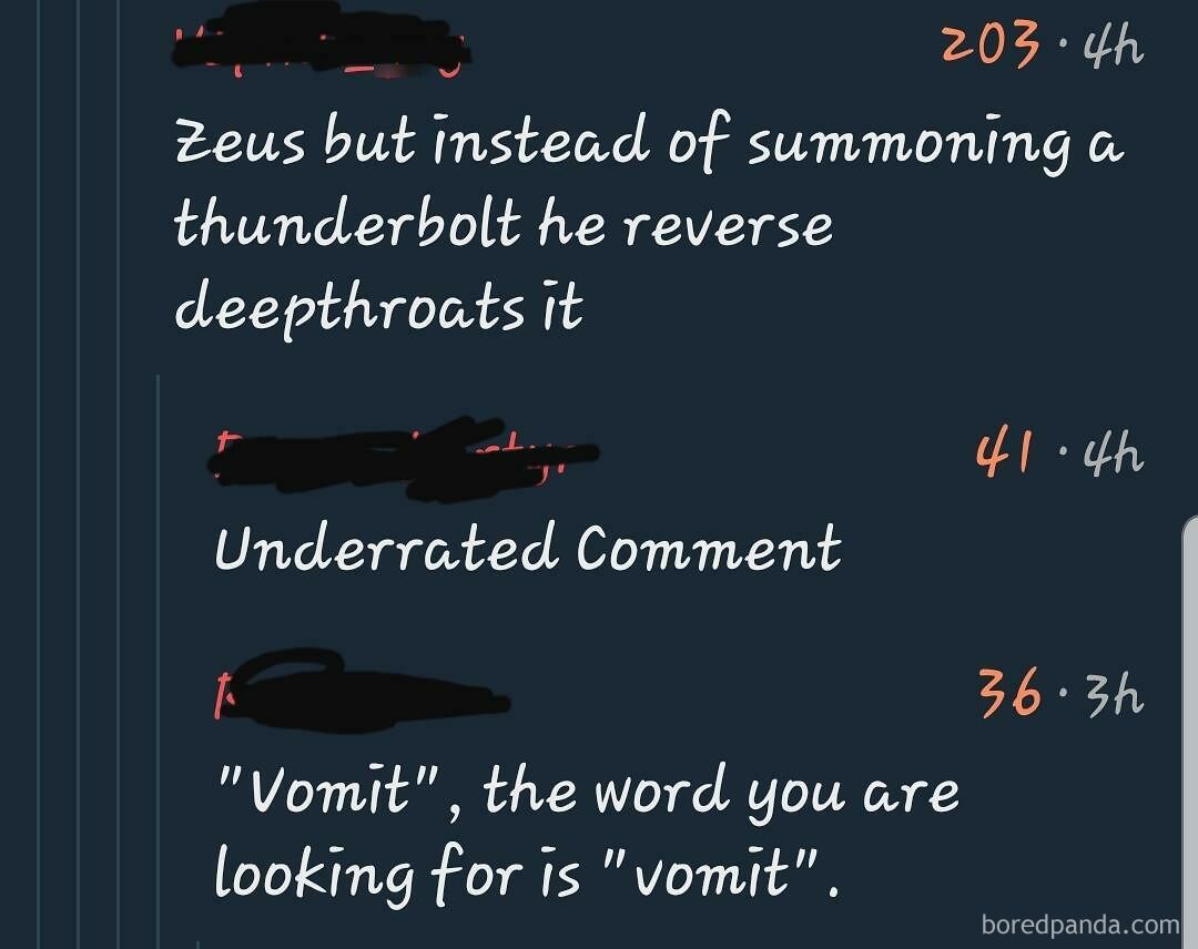 Funny comments about Zeus and a creative word alternative for "vomit" in screenshot.