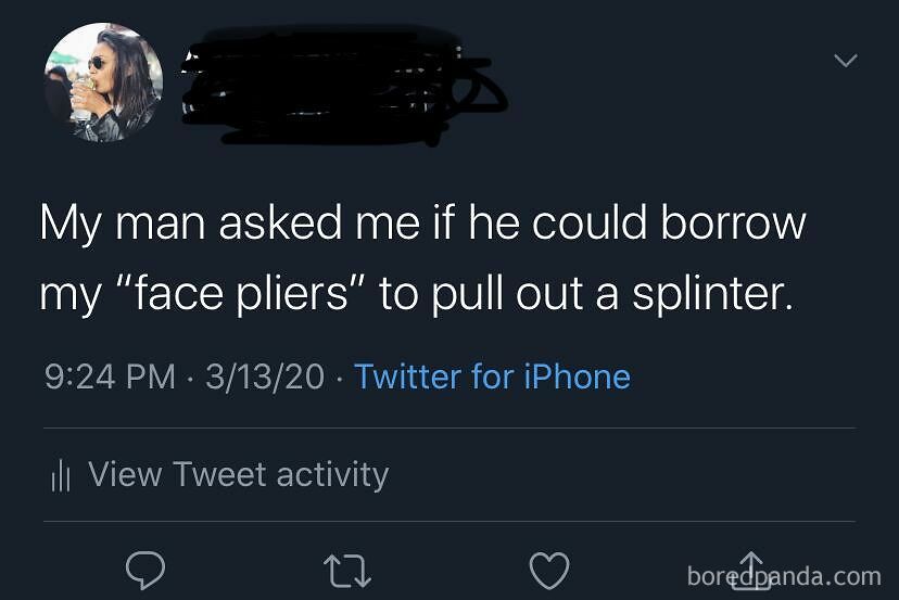 Tweet humorously renames tweezers as "face pliers" while asking to remove a splinter, showcasing a funny word alternative.