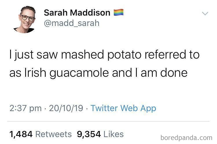 Tweet humorously renaming mashed potatoes as "Irish guacamole," capturing funny alternative word usage.