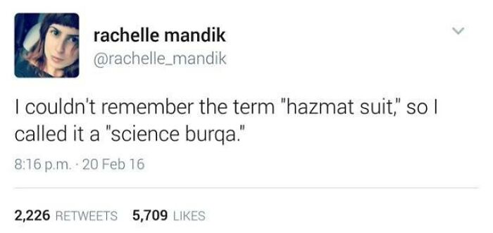 Tweet humorously renames "hazmat suit" as "science burqa," showcasing a creative naming fail.