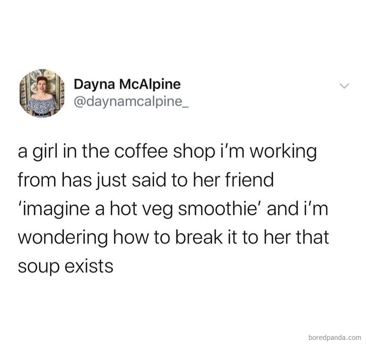 Tweet humorously suggests "hot veg smoothie" instead of soup.