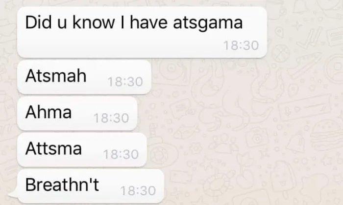 Text messages show funny attempts at remembering the word 'asthma,' resulting in hilarious alternatives.