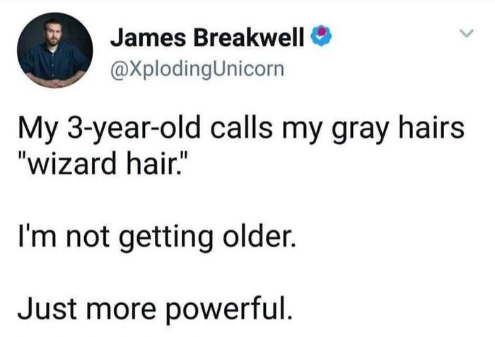 Tweet humorously describing gray hair as "wizard hair," implying age brings power.