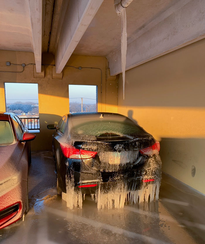 Guy Parks On The Stripes Thinking He Can Avoid The Freezing Rain Only To Be Under A Leaky Pipe