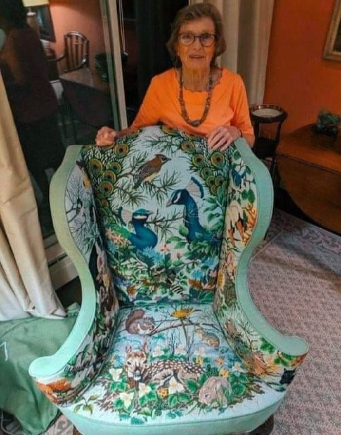 "My 86yo Grandmother And Her Handmade Needle Point Chair. 25 Years In The Making And 14 Threads Per Inch. She Used To Pick Up Road Kill From The Side Of The Road To Compare Thread Colors. She Also Bought A Peacock For Color Comparison. I Am Not Allowed To Sit In It.”
