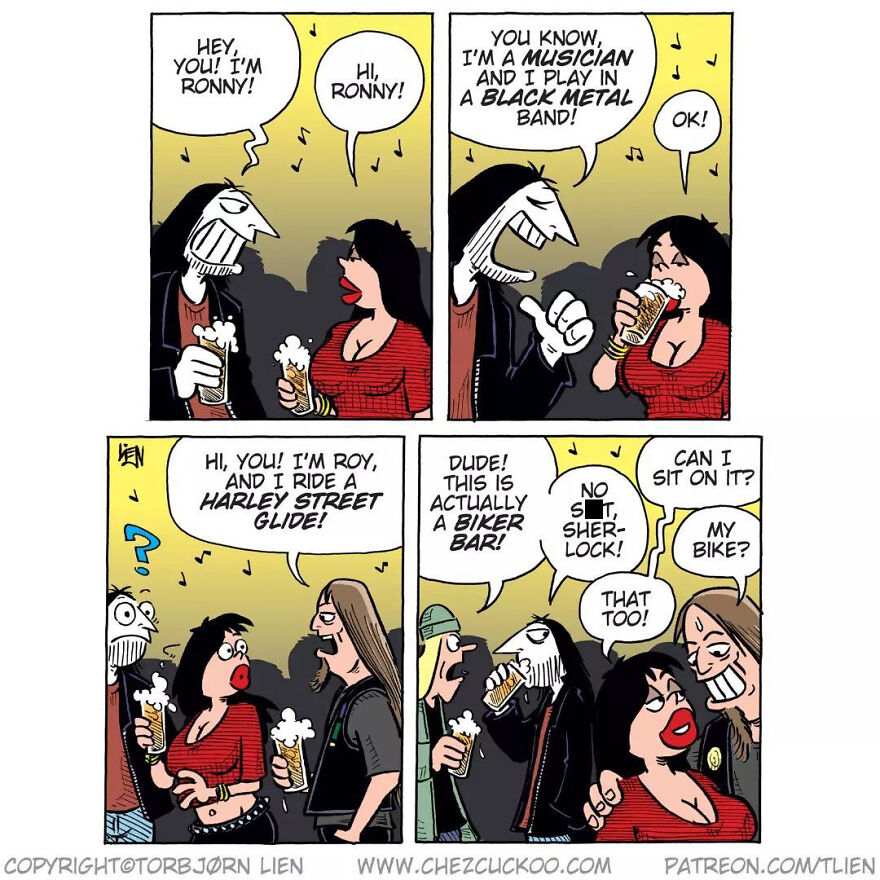 Norwegian artist's comic strip with characters discussing music, bikes, and a surprise twist at a bar.