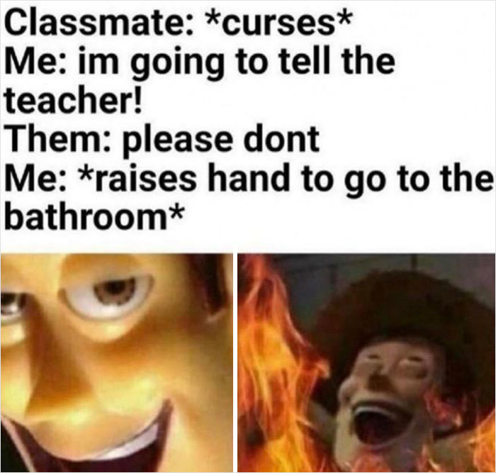 Funny school meme with Woody's mischievous grin and maniacal laugh amid flames, capturing classroom struggles.