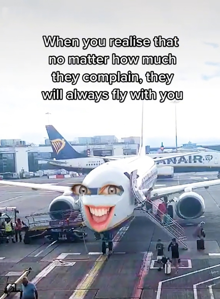 Ryanair plane with a cartoon-style face at an airport, highlighting a humorous social media roast.