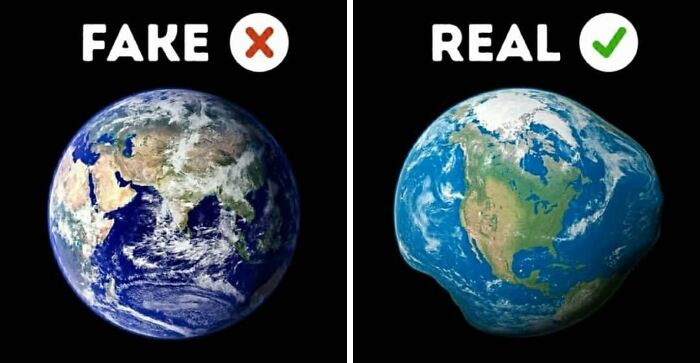 Side-by-side images labeled fake and real, showing a round Earth and a distorted Earth, calling out science misinformation.