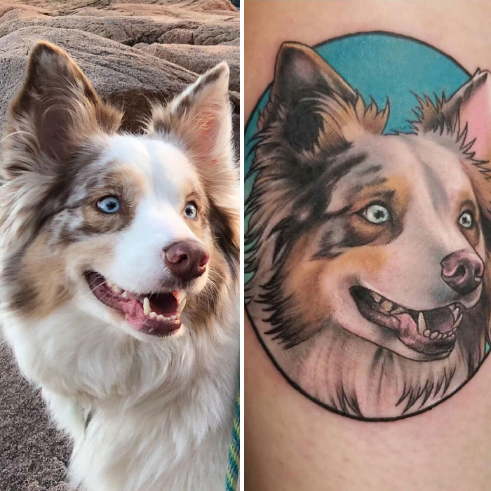 Pet tattoo of a dog's face on skin, showcasing the bond with a blue-eyed dog in a natural setting.