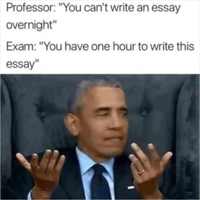 A school meme shows a man with a perplexed look, gesturing questioningly about writing essays.