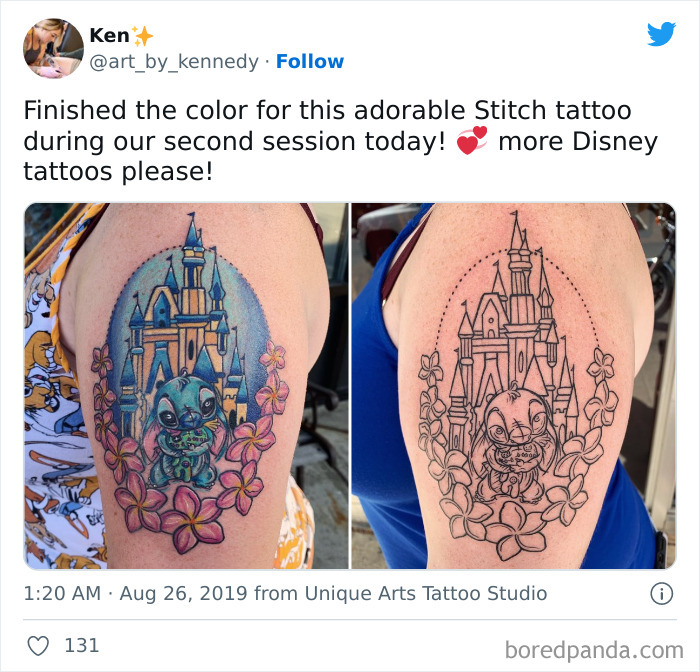 Colorful cartoon tattoo of Stitch with a castle and flowers on an arm.