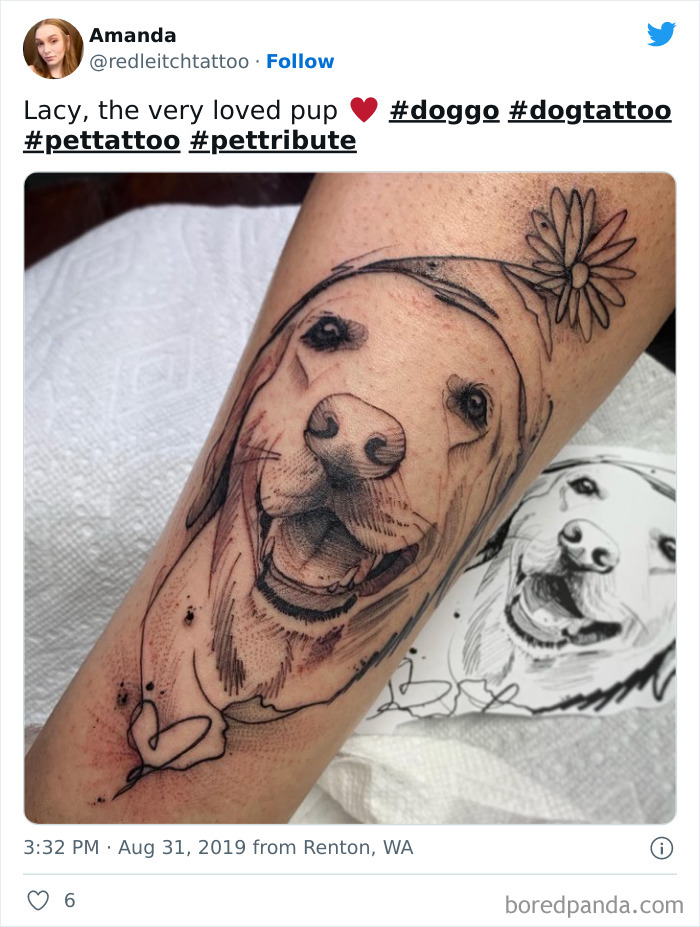 Pet tattoo of a happy dog with a flower, showcasing adorable pet ink art.
