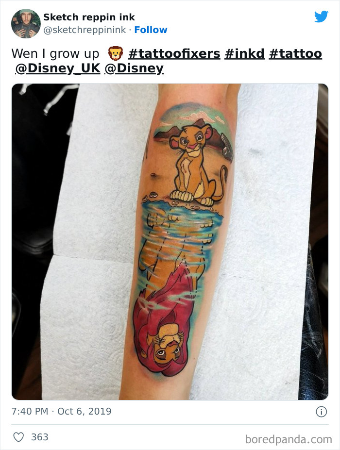 Cartoon tattoo of a young lion cub with reflection, inspired by animated shows, on a person's forearm.