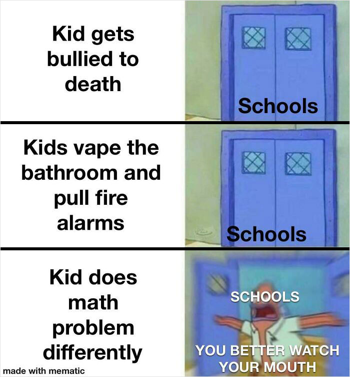 School meme with panels on bullying, vaping, and math; doors labeled "Schools" show varied reactions.