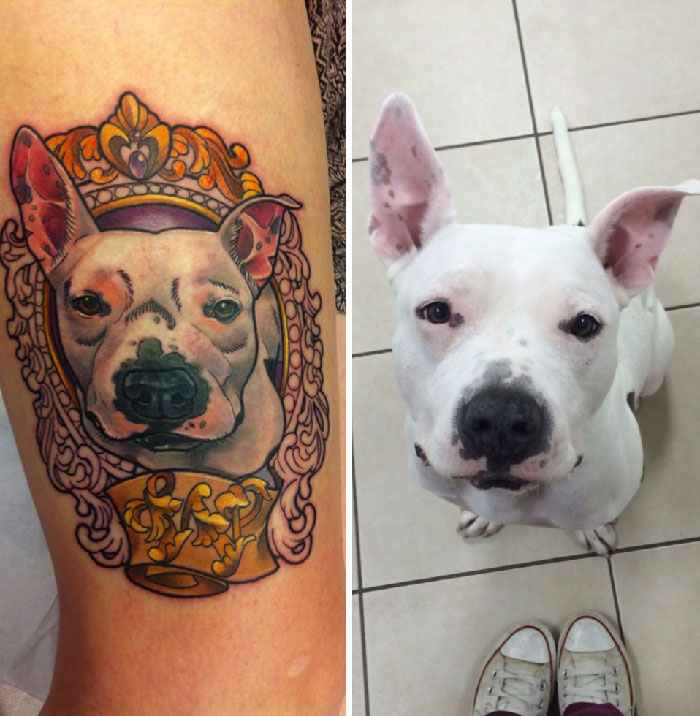 Pet tattoo of a dog's face in an ornate frame, next to the real dog sitting on a tiled floor.
