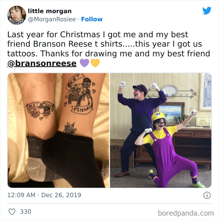 Best friend tattoos featuring cartoon characters on legs, and two people dressed as those characters in the background.