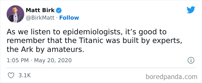 Tweet by Matt Birk highlighting absurd posts from an online group challenging people ignoring years of science.