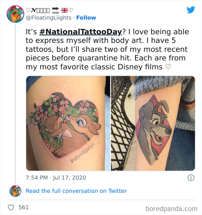 Cartoon tattoo of Disney characters Bambi and Tramp on forearms, inspired by animated shows.