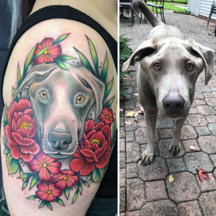 Pet tattoo of a dog surrounded by colorful flowers, inspired by a real-life dog.
