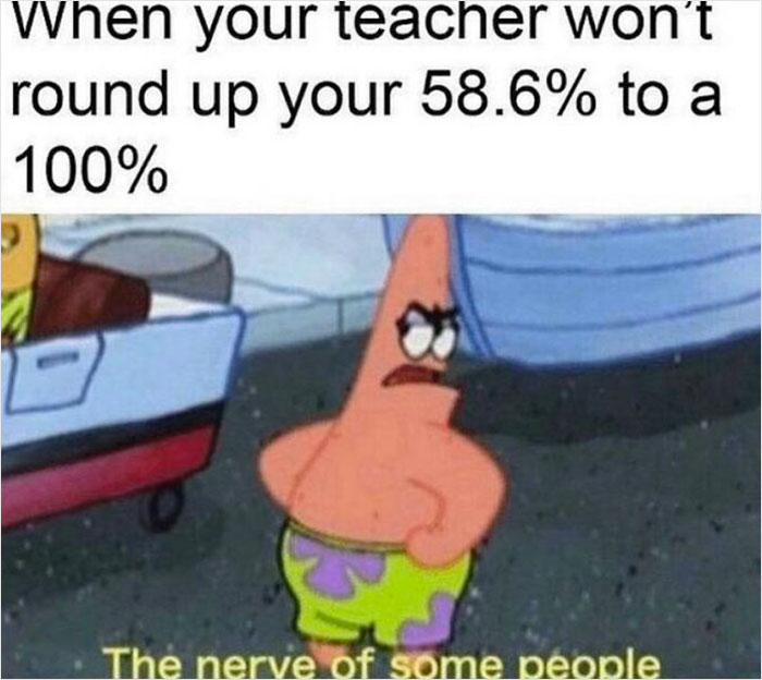 Patrick Star looking indignant captures funny school meme on unrealistic grade expectations.