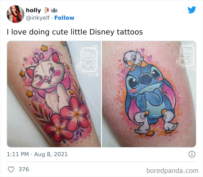 Cartoon tattoos feature Disney characters, including a cat with flowers and Stitch with a duck on a person's legs.