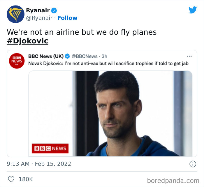 Ryanair's social media roast about Novak Djokovic's vaccine stance, highlighting their witty commentary style.