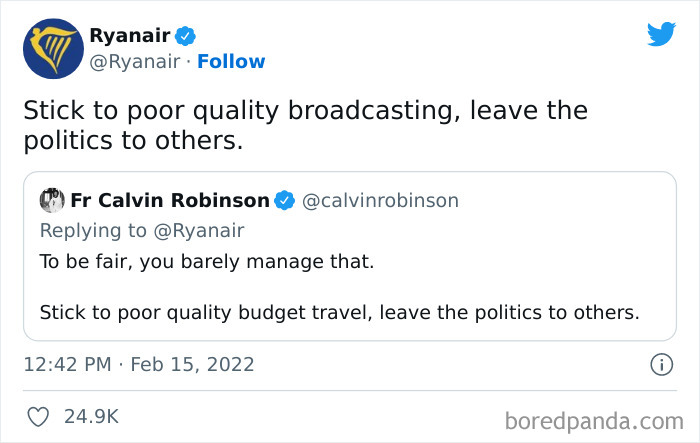 Ryanair's social media roast: "Stick to poor quality broadcasting, leave the politics to others."
